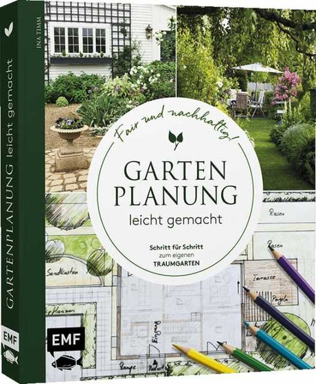 Buchcover mit Gartenfotos, Skizzen und bunten Markern, Titel "Gartenplanung leicht gemacht" und Untertitel "Schritt für Schritt