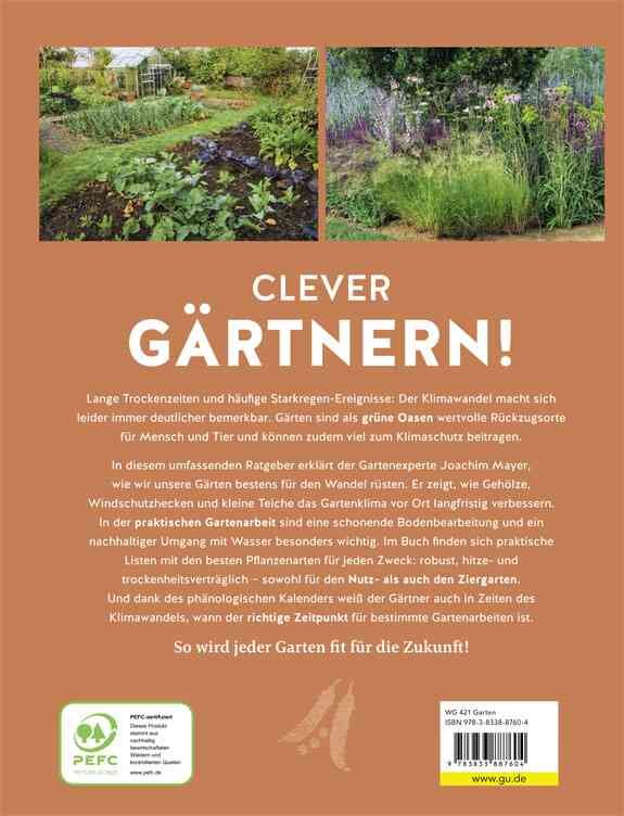 Zwei Gartenbilder, darunter Text mit Tipps zum nachhaltigen Gärtnern und Klimaschutz.