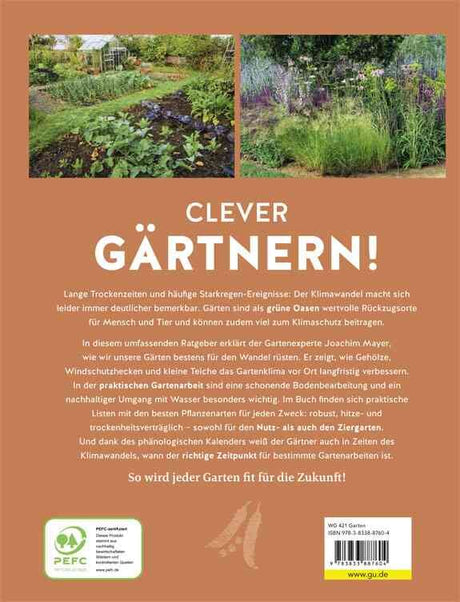 Zwei Gartenbilder, darunter Text mit Tipps zum nachhaltigen Gärtnern und Klimaschutz.