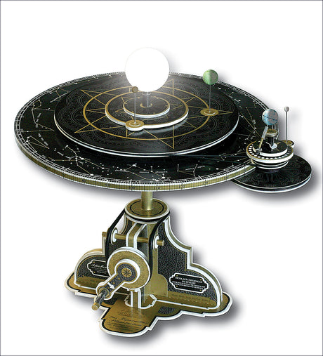 Satz von Planeten und Sternen auf einer schwarzen, goldenen mechanischen Modell.