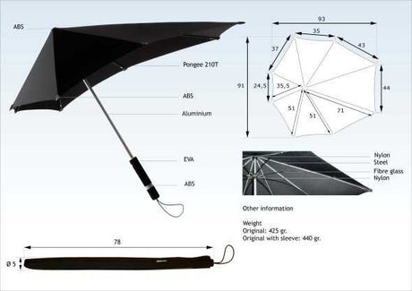 Schwarz schwarzer Regenschirm mit Aluminiumrahmen, EVA-Griff, Maße und Materialangaben, inklusive Durchmesser und Gewicht.