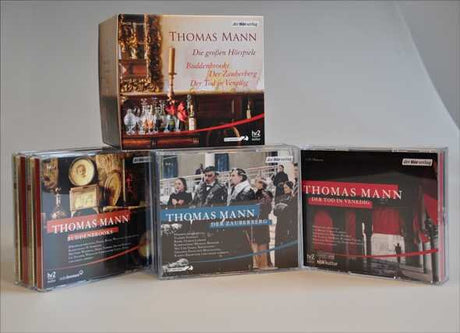 Mehrere CDs und eine CD-Hülle mit Thomas Mann Büchern und Hörspielen.