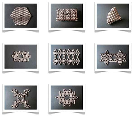 Bilder von verschiedenen geometrischen Figuren und Mustern aus kleinen Magneten oder Kugeln.