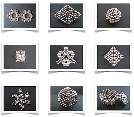 Neun Bilder von verschiedenen geometrischen Kugel- und Flächenmustern aus kleinen Metallkugeln auf schwarzem Hintergrund.