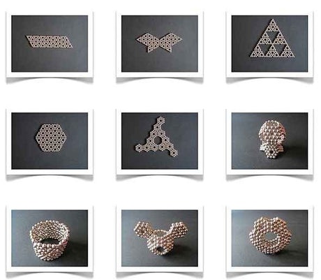 Bilder mit verschiedenen geometrischen Figuren und Kugelstrukturen aus kleinen Magneten oder Metallteilen.