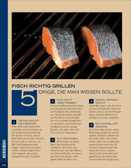 Zwei Lachsfilets auf Grillrost, daneben Text mit Tipps zum Grillen von Fisch.