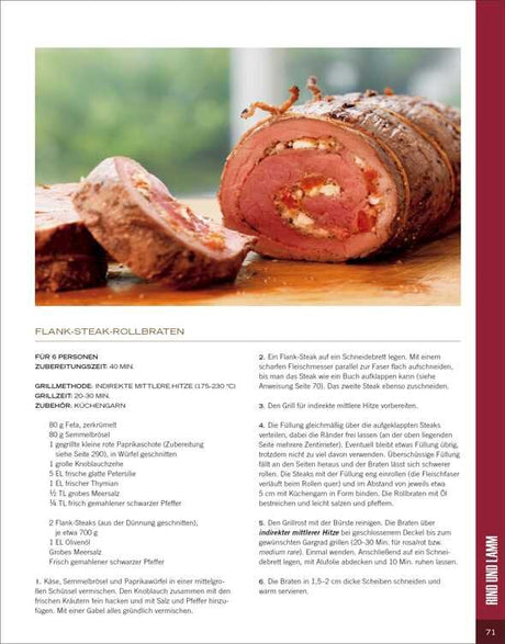 Gerollter Flank-Steak-Rollbraten, mit Füllung aus Paprika, Käse und Kräutern, auf Schneidebrett, daneben eine Scheibe.