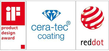Drei Logos: iF Product Design Award, cera-tec coating mit Diamant-Symbol, red dot Design Award.
