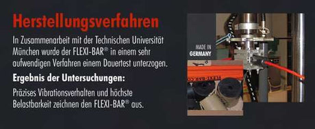 Text und Bild eines Maschinen- oder Prüfvorgangs, mit Beschriftung "Made in Germany" und Bezug auf Herstellung und Untersuchung.