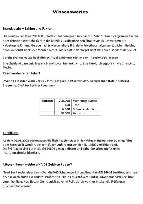 Seiten mit Text über Brandgefahr, Rauchmelder, Zertifikate und Prüfungen, inklusive Statistiken zu Brand- und Verletzungszahlen.