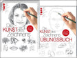 Zwei Bilder eines Zeichenbuchs: links eine fertige Skizze eines Gesichts, rechts eine Skizze in Entstehung