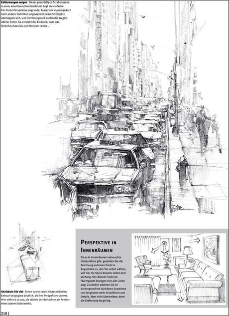 Skizze einer Stadtstraße mit parkenden Autos, Gebäuden und Fußgängern, kombiniert mit einer Innenraumzeichnung eines Wohnzimmers.