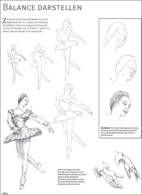Skizzen und Anleitungen zum Balancieren und Haltung beim Ballett, inklusive Gesichts- und Handposen.