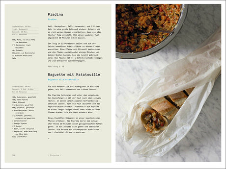 Rezeptseite für Piadina und Baguette mit Ratatouille, daneben eine Baguetterolle mit Ratatouille in Pergamentpapier.