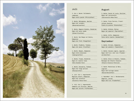 Landschaft mit Weg, Bäumen und Himmel auf der linken Seite; rechte Seite mit Kalender und Veranstaltungsliste für Juli bis Sep.