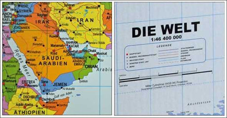 Karte des Nahen Ostens und Arabischen Halbinsels neben einer Seite mit "DIE WELT" und 1:46.400.000.