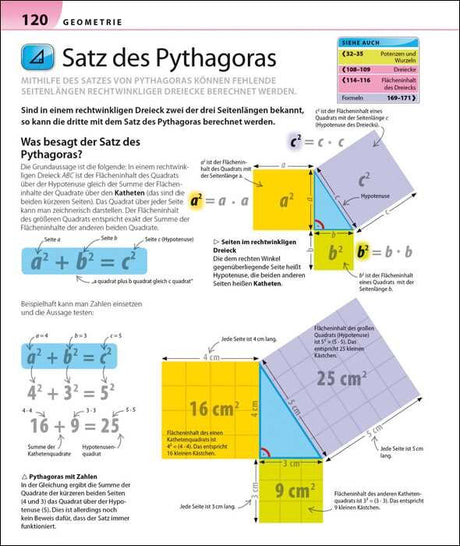 Diagramm zum Satz des Pythagoras mit rechtwinkligem Dreieck, Flächeninhalten, Quadraten an den Seiten und Beispielrechnungen.