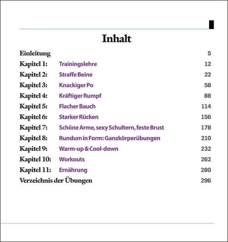 Inhaltsverzeichnis mit Kapiteln zu Fitness, Ernährung und Übungen, Seitenzahlen aufgeführt.