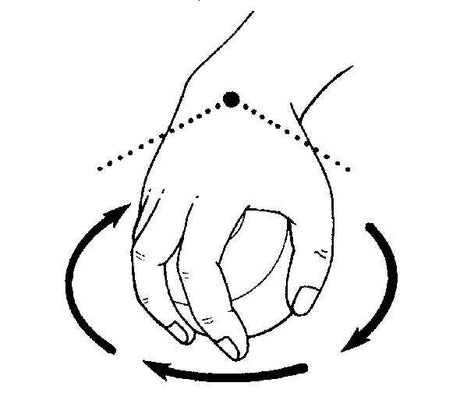 Hand hält einen Ball, mit Pfeilen und Linien, die Drehbewegung und Handhaltung anzeigen.