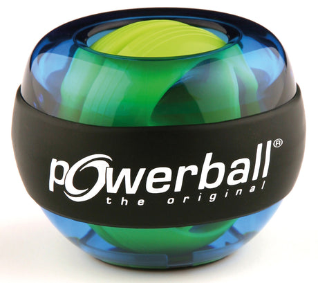 Glaskugel mit grünen und blauen Mustern, schwarzer Band mit weißem "Powerball" Logo.
