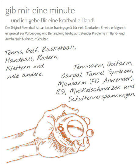 Hand hält einen Powerball mit Text, umgeben von handgeschriebenen Sportarten und Beschwerden.