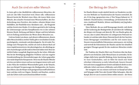 Zwei Buchseiten mit Text über den Shaolin, mit Überschriften in Rot, schwarzer Fließtext, Seitenzahlen 19 und 20.