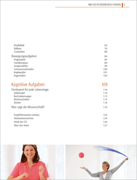 Seitenüberschrift "Was Sie in diesem Buch finden" mit Inhaltsverzeichnis, darunter Bilder von zwei Frauen, die mit Bällen spielen.