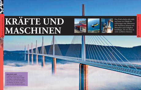 Brücke über Wolken, mit Pylonen und Kabeln, im Hintergrund Berge. Oben Text und kleine Bilder zu Kraft und Maschinen.