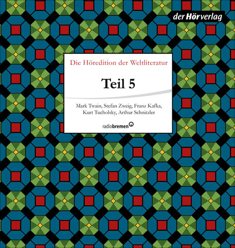 Buchcover mit geometrischem Muster in Blau, Grün, Rot und Schwarz, Titel "Teil 5" und Autorenname.