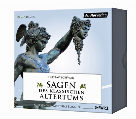 Buchbox mit Abbildung einer antiken Skulptur eines Mannes mit Flügelhelm, hält einen Medusenhaupt.