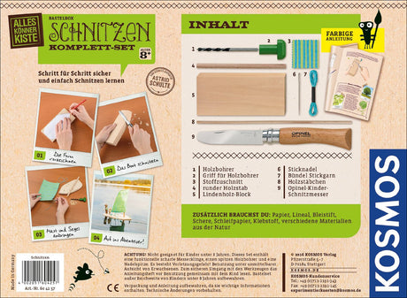 Bastelset "Schnitzen" mit Holzbohrer, Messer, Holzblock, Anleitung, Fotos, und weiteren Werkzeugen auf beige Hintergrund.