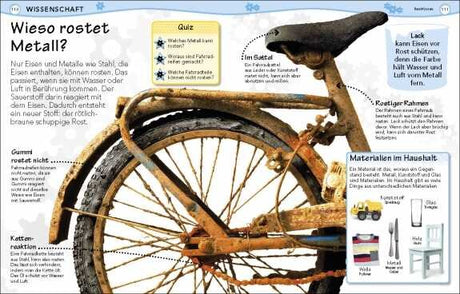 Ein rostiges Fahrrad mit einem schwarzen Reifen und einem weißen Sattel, das auf einer Infotafel über Rost erklärt.