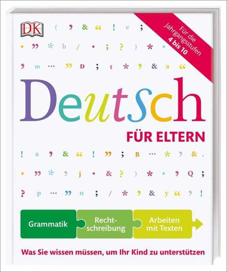 Buchcover mit bunten Buchstaben, Satzzeichen und einem roten Banner, das auf die Zielgruppe für Kinder im Alter von 4 bis 10 Jahre