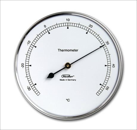 Runder Thermometer mit weißem Zifferblatt, schwarzem Zeiger, Messskala von -30 bis 50°C, Marke "Fischer"