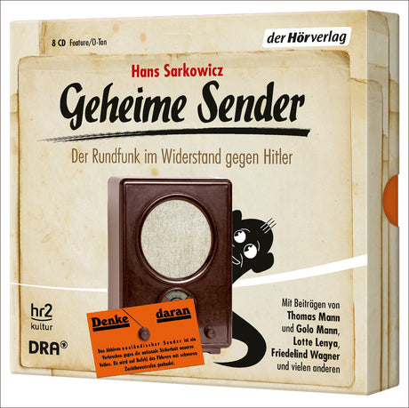 Buchcover mit Titel "Geheime Sender" und Untertitel, Bild eines alten Radios, Cartoon-Charakter, orange Warnaufkleber