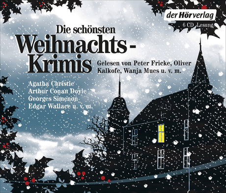 Schneebedecktes Haus mit beleuchteten Fenstern, Weihnachtssterne und Tannenzweige mit roten Beeren.