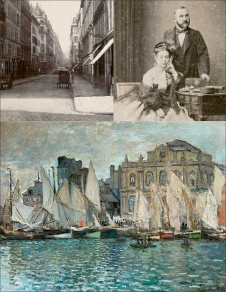 Drei Bilder: eine leere Stadtstraße, ein Mann und eine Frau im Gespräch, ein Hafen mit Segelschiffen und Gebäuden.