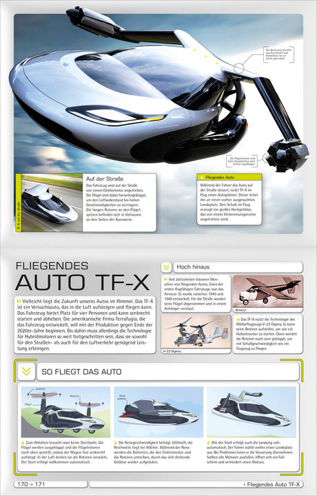 Ein futuristisches, silbernes Flugauto mit schwarzen Elementen, Flügeln und Cockpit.
