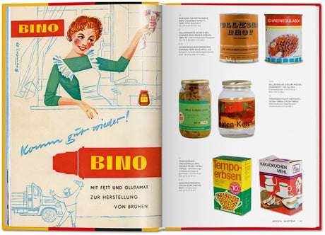 Illustration einer Frau in grüner Jacke, die auf eine Küchentheke zeigt, mit BINO-Werbebanner und handschriftlichem Text.