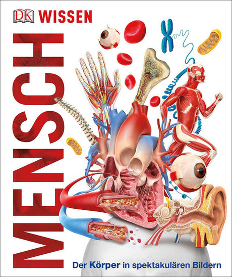 Buchcover mit verschiedenen anatomischen Körperteilen, Muskeln, Knochen und Zellen, Titel "Wissen"