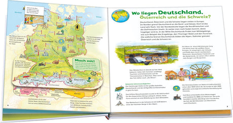 Doppelseite mit Karte von Deutschland, Österreich und Schweiz, sowie Text und Illustrationen zu Sehenswürdigkeiten und Fakten.