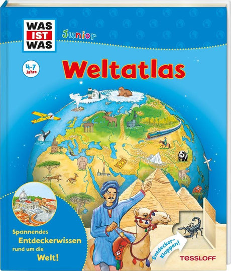 Weltatlas für Kinder, zeigt eine Weltkarte mit Tieren, Gebäuden und einem Mann auf einem Kamel vor Pyramiden.