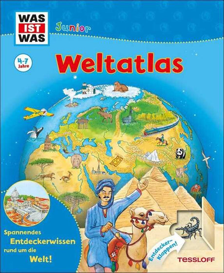 Weltkarte mit Tieren, Pyramide, Flugzeug, Schiff, und Person auf einem Kamel; Titel "Weltatlas" für Kinder 4-7 Jahre.