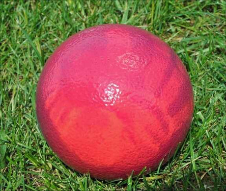 Rote, runde Frucht mit glatter Oberfläche auf Gras.