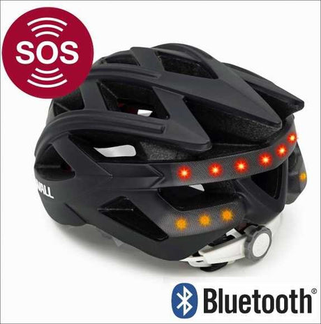 Schwarner Fahrradhelm mit roten LED-Lichtern, SOS-Symbol, Bluetooth-Logo, und einem Notrufknopf.