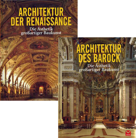 Zwei Buchcover, eines zeigt eine barocke Kirche mit goldverzierten Decken, das andere eine barocke Kapelle mit Altar und Gemälden.