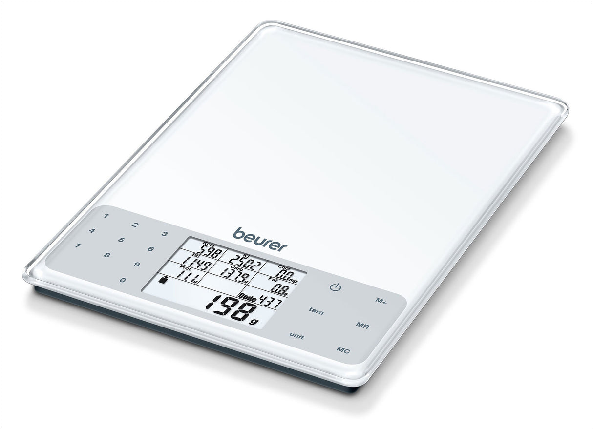 Weiße Küchenwaage mit digitalem Display, zeigt 198 g an.