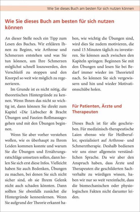 Seitenabschnitt mit Text über Nutzung eines Buches zur Schmerz- und Bewegungstherapie, Zielgruppe: Patienten, Ärzte, Therapeuten.