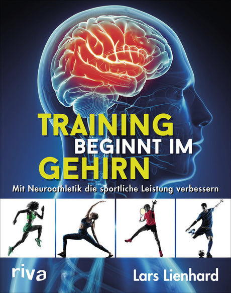 Illustration eines menschlichen Kopfes mit hervorgehobenem Gehirn, darunter vier Sportler in Bewegung.