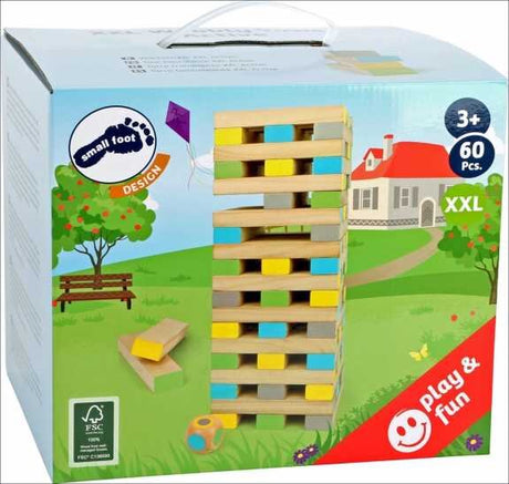 Holzbausteine in bunten Farben auf einer Spielbox mit Garten- und Hausmotiv, für Kinder ab 3 Jahren, 60 Stück.